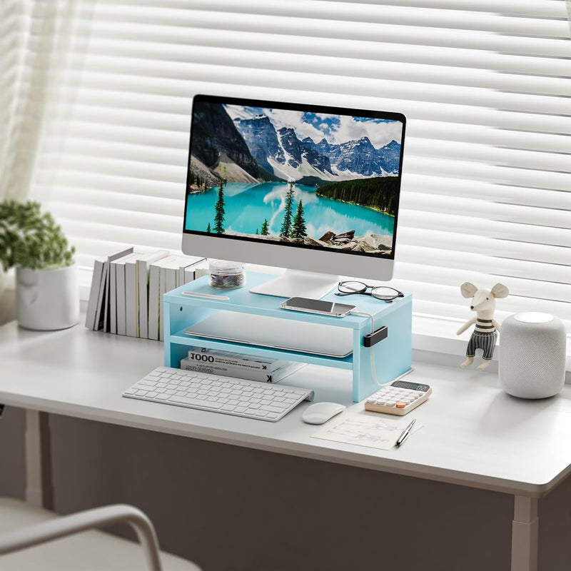 Marbrasse Monitor Stand Riser, 16.5 Inch 2 Tier Computer Printer Shelf Stand for Laptop Computer Screen Storage, Desktop Stand with Phone Holder and Cable Management (Blue) - Image 2